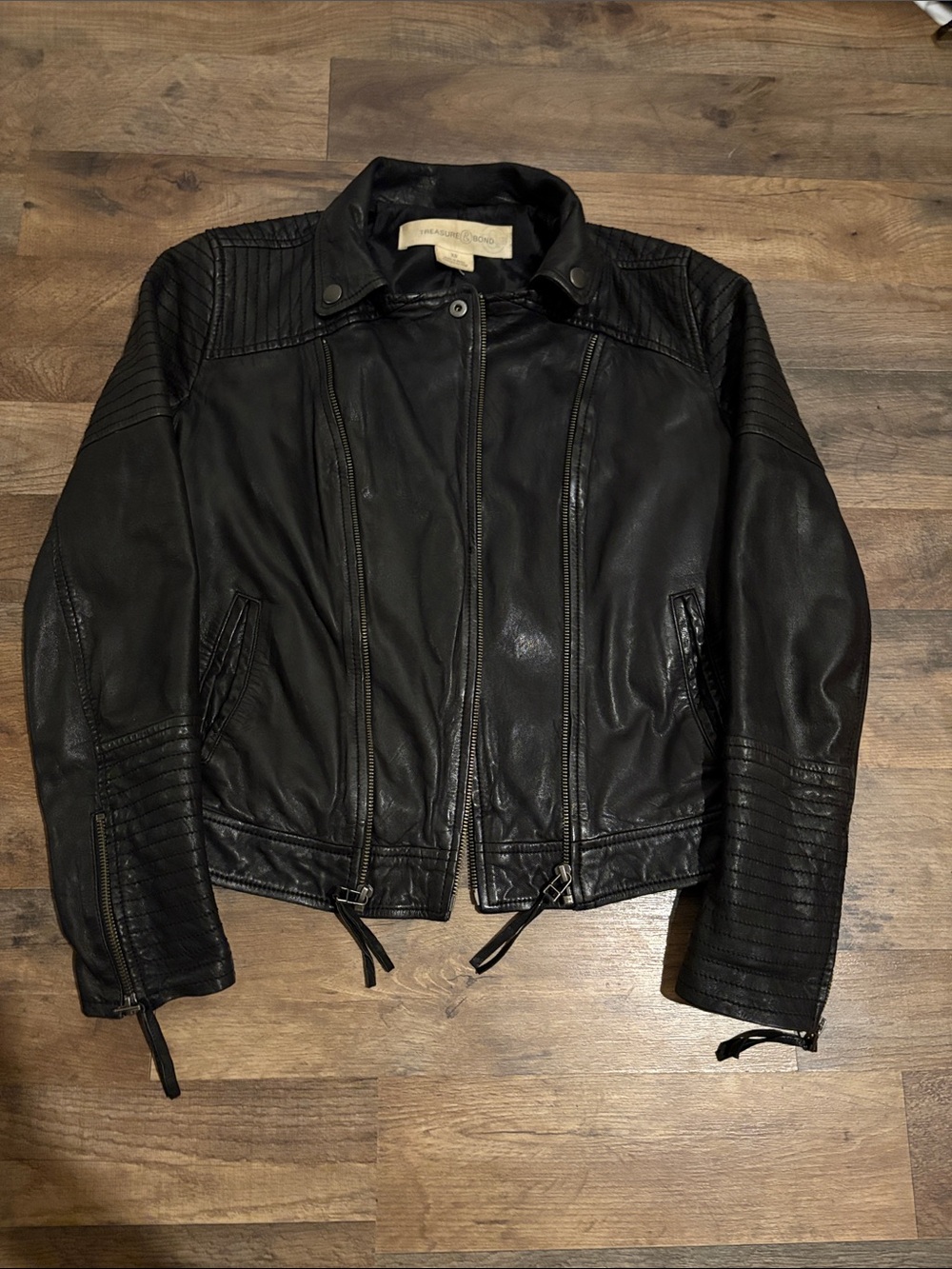 Treasure and Bond Black Leather Zip Front Moto Jacket